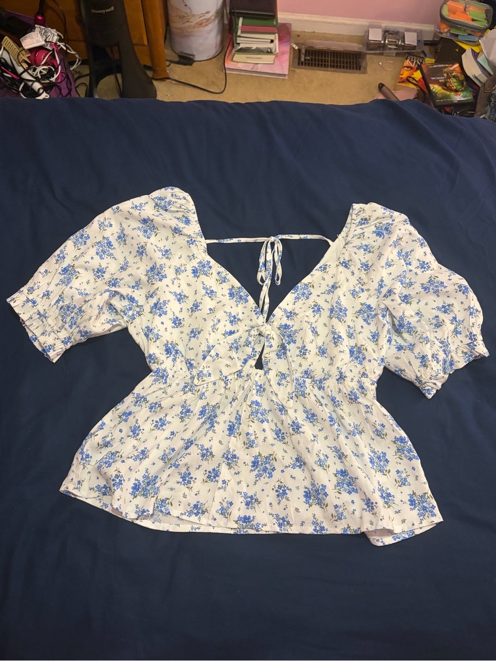 Francesca's  White Blouse with Blue Floral